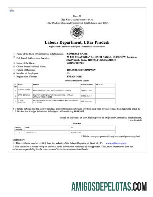 Certificado de registro de loja ou estabelecimento comercial na Índia Uttar Pradesh para download Modelo Word e PDF